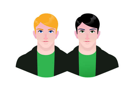 Illustration of young people. Vector. Cartoon couple of hipster men. Characters for advertising and design. Bright calm images. . Blond and brunette. Twin brothers.のイラスト素材