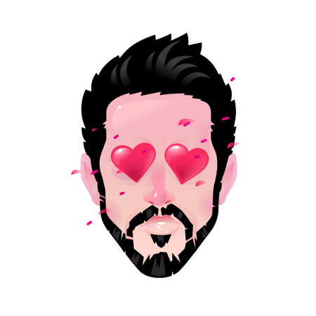 The emotion of a young man. Vector. Cartoon bearded man in the image of a lover. Illustration for advertising and chat. The avatar has heart-shaped eyes. The image is isolated on a white background.のイラスト素材