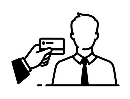 Outline icon of businessman and debit card. Investments and loans. To lend, bank transfer. Vector. The image is isolated on a white background.のイラスト素材