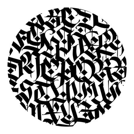 Medieval Gothic pattern. Vector. European modern gothic. Black letters in a circle on a white background. All letters are handwritten with a pen. Capital letters. Ornament for packaging and clothing.のイラスト素材