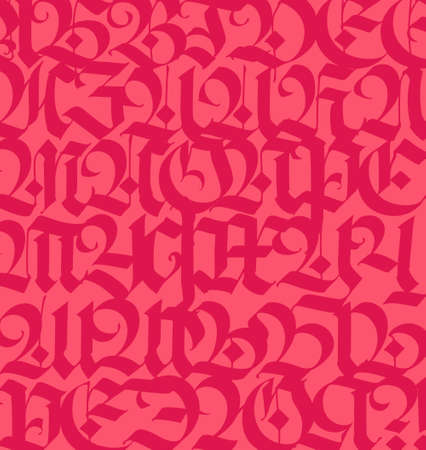 Pattern from the Russian Gothic font. Vector. Neo-Russian modern Gothic. Red letters on a pink background. Medieval European style. Capital letters. Ornament for packaging and clothing.のイラスト素材