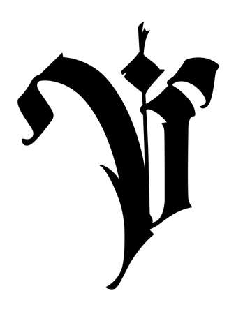 The letter V in the Gothic style. Vector. old alphabet. The symbol is isolated on a white background. Calligraphic, medieval Latin letter. Logo for the company. Monogram. An elegant font for a tattoo.のイラスト素材