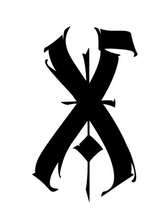 The letter X in the Gothic style. Vector. old alphabet. The symbol is isolated on a white background. Calligraphic, medieval Latin letter. Logo for the company. Monogram. An elegant font for a tattoo.のイラスト素材