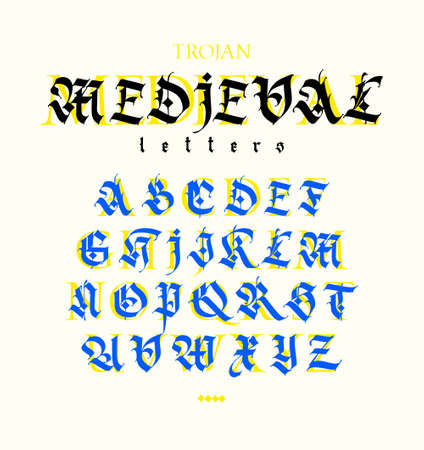 Gothic, display English alphabet. Vector. Medieval Latin letters. Mixing with antiqua. Old European style. Calligraphy and lettering.Gothic, display English alphabet. Vector. Medieval Latin letters. Signs and symbols for the monogram. Old European style. calligraphy and lettering. uppercase letters.のイラスト素材
