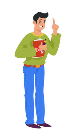 Illustration of a cartoon man with a folder. Vector. The manager in an exclamation position, calls and draws attention to himself. Coach for personal development. HR manager or sales person.のイラスト素材