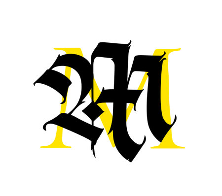 Letter M, in the Gothic style. Vector. Alphabet. The symbol is isolated on a white background. calligraphy and lettering. Medieval Latin letters. Logo for the company. Monogram. Elegant font for tattoo.のイラスト素材
