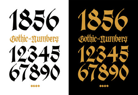 gothic figures. Vector. Beautiful and stylish calligraphy. Elegant European typeface for tattoo. Medieval modern style. Black symbols and numbers are saved separately on a white background.のイラスト素材