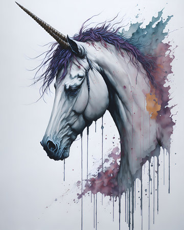 Illustration of a unicorn painted in watercolor technique. The illustration was created using artificial intelligence, a neural network. decorative painting.の素材