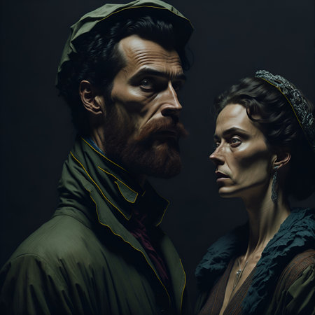 Young man and girl in fashionable images. realistic painting. Painting for the interior. Beautiful young people. Hero retro style. A bit gothic.の素材