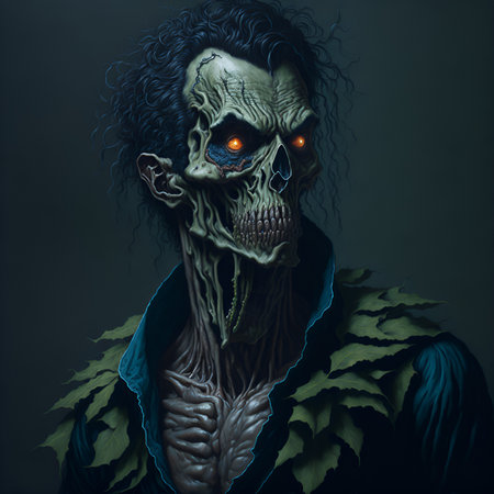 Drawing of a scary zombie, drawn in a cartoon apocalyptic style. The illustration was created using artificial intelligence, a neural network. Character for comic book, poster or movie.の素材
