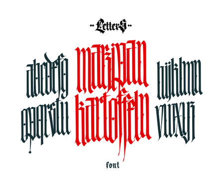 Gothic font from Latin letters. Vector. English alphabet. Medieval European style. English alphabet 9th-19th century. Symbols and signs for monogram and design. modern calligraphy.のイラスト素材