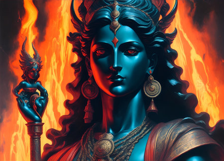 Goddess Agni. Decorative digital 2D painting. Color illustration for background. Picturesque portrait for the interior. Wall mural, poster or picture for home. Generative AI.の素材