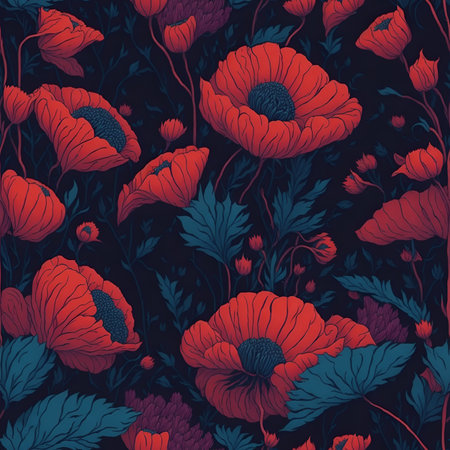 Red and pink poppies. Watercolor digital 2D painting. Painted flowers. Floral pattern. Background for design projects. Ornament for fabric and packaging design. Generative AI.の素材