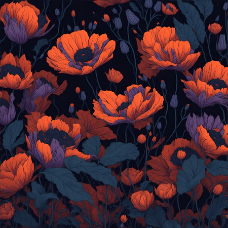 Red and pink poppies. Watercolor digital 2D painting. Painted flowers. Floral pattern. Background for design projects. Ornament for fabric and packaging design. Generative AI.の素材