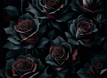 Black roses. Digital 2D watercolor painting. Painted flowers. Floral anthracite pattern. Background for design projects. Ornament for fabric and packaging design. Generative AI.の素材