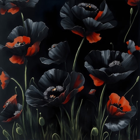 Red and black poppies. Watercolor digital 2D painting. Painted flowers. Floral pattern. Background for design projects. Ornament for fabric and packaging design. Generative AI.の素材