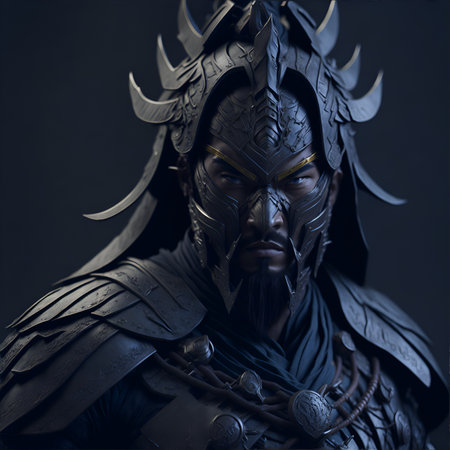 Asian ancient warrior in armor. Japanese or Chinese knight. Fantasy style. Concept character for games and design. Generative AI.の素材