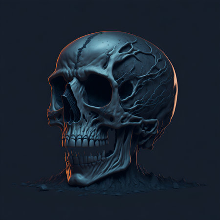 Realistic human skull in gothic entourage. Illustration of a beautiful skull for Halloween. Fantasy style. Concept for games and poster design. Generative AI.の素材