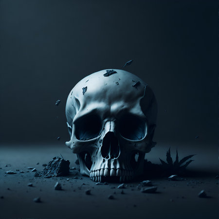 Realistic human skull in gothic entourage. Illustration of a beautiful skull for Halloween. Fantasy style. Concept for games and poster design. Generative AI.の素材