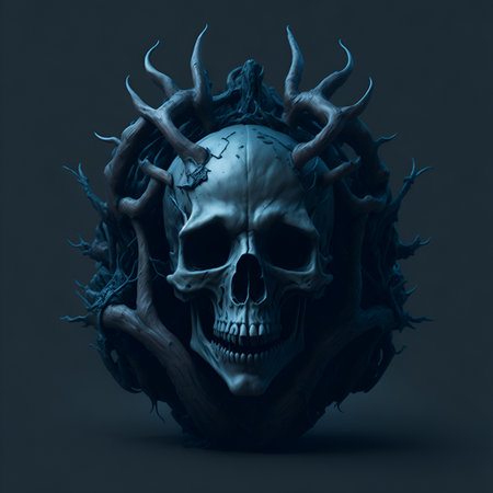 Realistic human skull in gothic entourage. Illustration of a beautiful skull for Halloween. Fantasy style. Concept for games and poster design. Generative AI.の素材