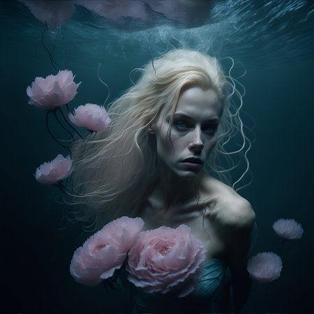 Illustration of a mermaid girl in the image of a sea maiden. Gothic, fabulous style of the underwater queen. Character design for game and design projects. Generative AI.の素材
