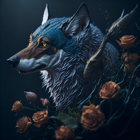 Illustration of a gray wolf among the decor. Handsome predator. Design for photo wallpaper and various design projects. Image generated by artificial intelligence. Generative AI.の素材
