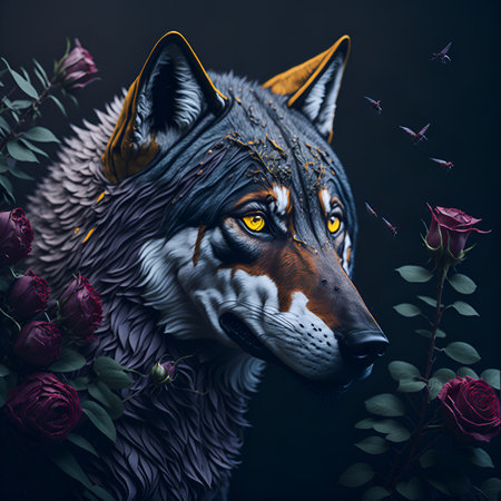 Illustration of a gray wolf among the decor. Handsome predator. Design for photo wallpaper and various design projects. Image generated by artificial intelligence. Generative AI.の素材