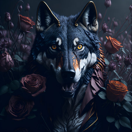 Illustration of a gray wolf among the decor. Handsome predator. Design for photo wallpaper and various design projects. Image generated by artificial intelligence. Generative AI.の素材