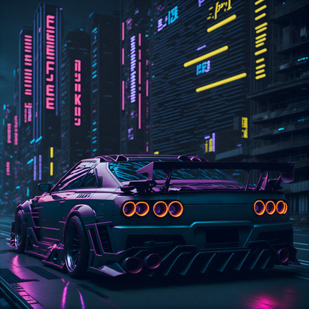 Futuristic car from the future in retro style on the background of the city. Illustration for games and design projects. Image generated by artificial intelligence. Generative AI.の素材