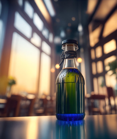 Bottles with alcoholic drinks in a cafe or restaurant. Color illustration for background. Picturesque portrait for the interior. Wall mural, poster or picture for home. Generative AI.の素材