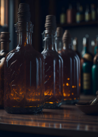 Bottles with alcoholic drinks in a cafe or restaurant. Color illustration for background. Picturesque portrait for the interior. Wall mural, poster or picture for home. Generative AI.の素材