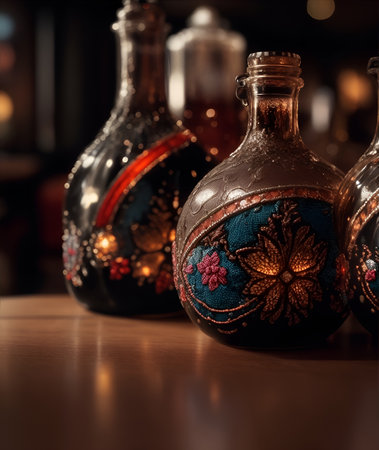 A bottle or flask with a magical colored potion. Fairytale image. Full color illustration for design projects. Illustration for game projects. Generative AI.の素材