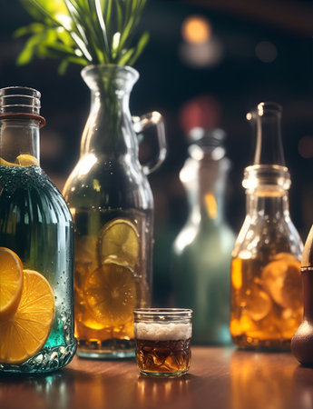 Bottles with alcoholic drinks in a cafe or restaurant. Color illustration for background. Picturesque portrait for the interior. Wall mural, poster or picture for home. Generative AI.の素材