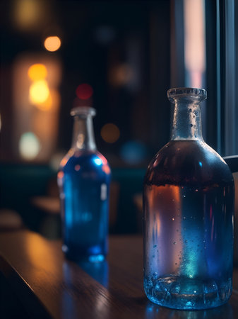 Bottles with alcoholic drinks in a cafe or restaurant. Color illustration for background. Picturesque portrait for the interior. Wall mural, poster or picture for home. Generative AI.の素材