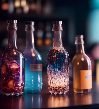 Bottles with alcoholic drinks in a cafe or restaurant. Color illustration for background. Picturesque portrait for the interior. Wall mural, poster or picture for home. Generative AI.の素材