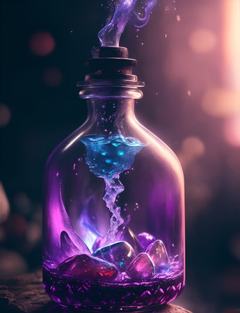 A bottle or flask with a magical colored potion. Fairytale image. Full color illustration for design projects. Illustration for game projects. Generative AI.の素材
