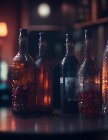 Bottles with alcoholic and non-alcoholic drinks in a cafe or restaurant. Color illustration for design projects. Photo wallpaper, poster, illustration for the catalog. Generative AI.の素材