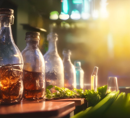 Bottles with alcoholic and non-alcoholic drinks in a cafe or restaurant. Color illustration for design projects. Photo wallpaper, poster, illustration for the catalog. Generative AI.の素材