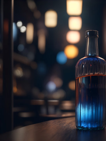 Bottles with alcoholic and non-alcoholic drinks in a cafe or restaurant. Color illustration for design projects. Photo wallpaper, poster, illustration for the catalog. Generative AI.の素材
