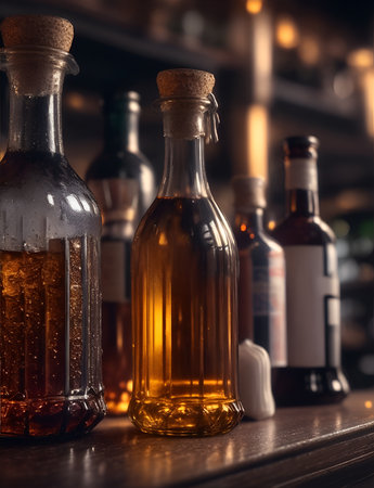 Bottles with alcoholic and non-alcoholic drinks in a cafe or restaurant. Color illustration for design projects. Photo wallpaper, poster, illustration for the catalog. Generative AI.の素材