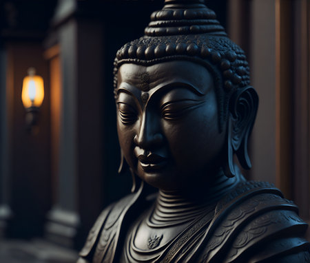 Statue of God Buddha. Decorative digital painting. Color illustration for background. Picturesque portrait for the interior. Wall mural, poster or picture for home. Generative AI.の素材