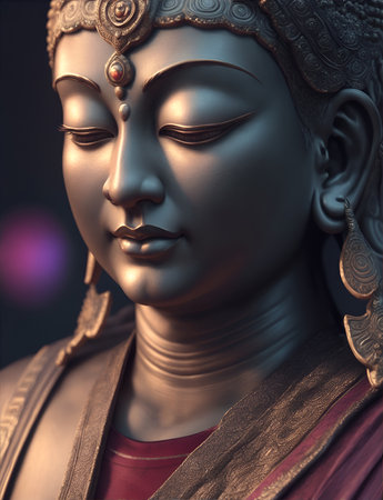 Statue of God Buddha. Decorative digital painting. Color illustration for background. Picturesque portrait for the interior. Wall mural, poster or picture for home. Generative AI.の素材