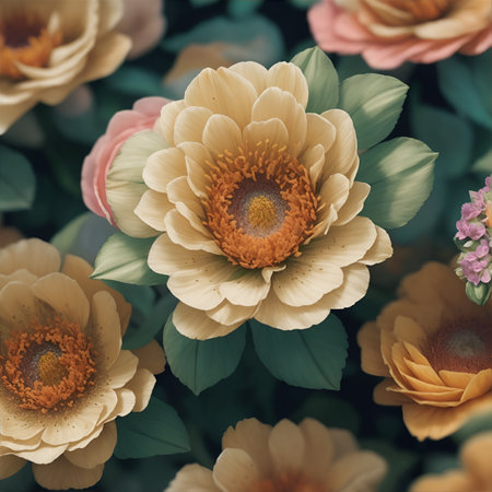 Flowers. Decorative digital 2D painting. Color illustration for background. Picturesque portrait for the interior. Wall mural, poster or picture for home. Generative AI.の素材