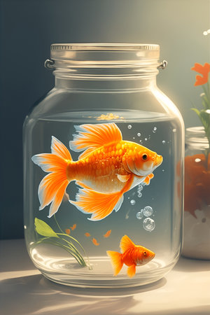 Goldfish in a jar. Three Wishes Maker. Background for design projects. Generative AI.の素材