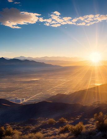 Landscape, city in the American desert. Sunny day. Generative AI. Background for design projects.の素材