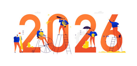 Illustrations of the new 2026. Meeting the new year. Vector. Business people achieve their goals and...