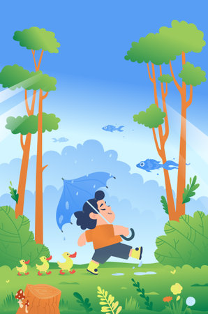 Illustration of a boy with an umbrella walking through the woods with ducks. Children's illustration. A picture for a children's book.のイラスト素材