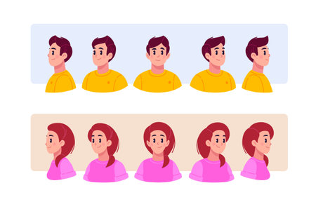 Illustration of the head, portraits and faces of a young man and a girl. Vector. Character emotions for animation. Flat style. Materials for character development and design projects.のイラスト素材
