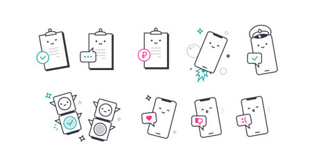 Icons for phones, traffic lights, and sheets of paper. Vector. Linear style. A set of icons for design projects. Lively and cute characters with human faces.のイラスト素材