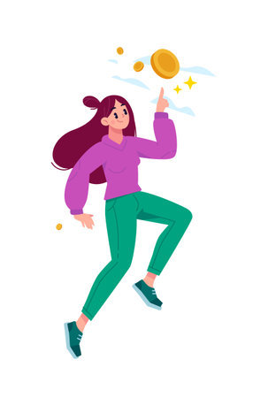 Illustration of a girl in green pants and holding a coin. Vector. The girl points at the gold coin. A mascot and character for design projects. An illustration on finance and lifestyle.のイラスト素材